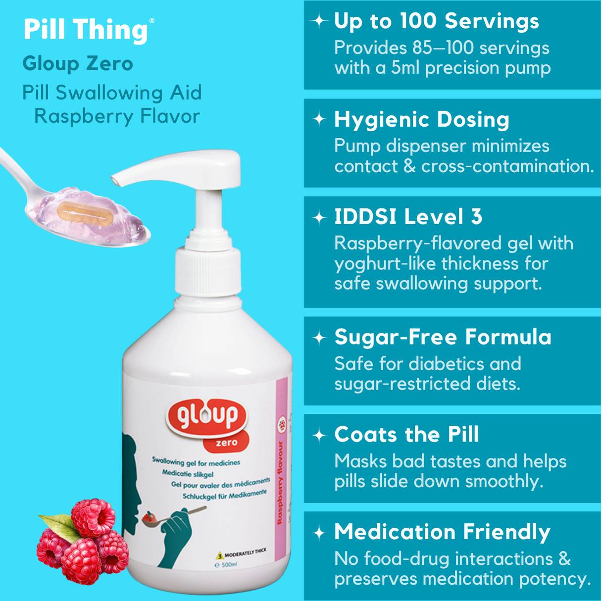 Gloup Zero Sugar-Free Pill Swallowing Gel – Raspberry, 500ml | Diabetic Safe, IDDSI Level 3
