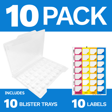 Weekly 4X a Day Medication Pharmacy Pill Blister Case Tray Pack with Self Adhesive Seal Label (5 or 10 Pack)