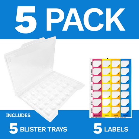 Weekly 4X a Day Medication Pharmacy Pill Blister Case Tray Pack with Self Adhesive Seal Label (5 or 10 Pack)