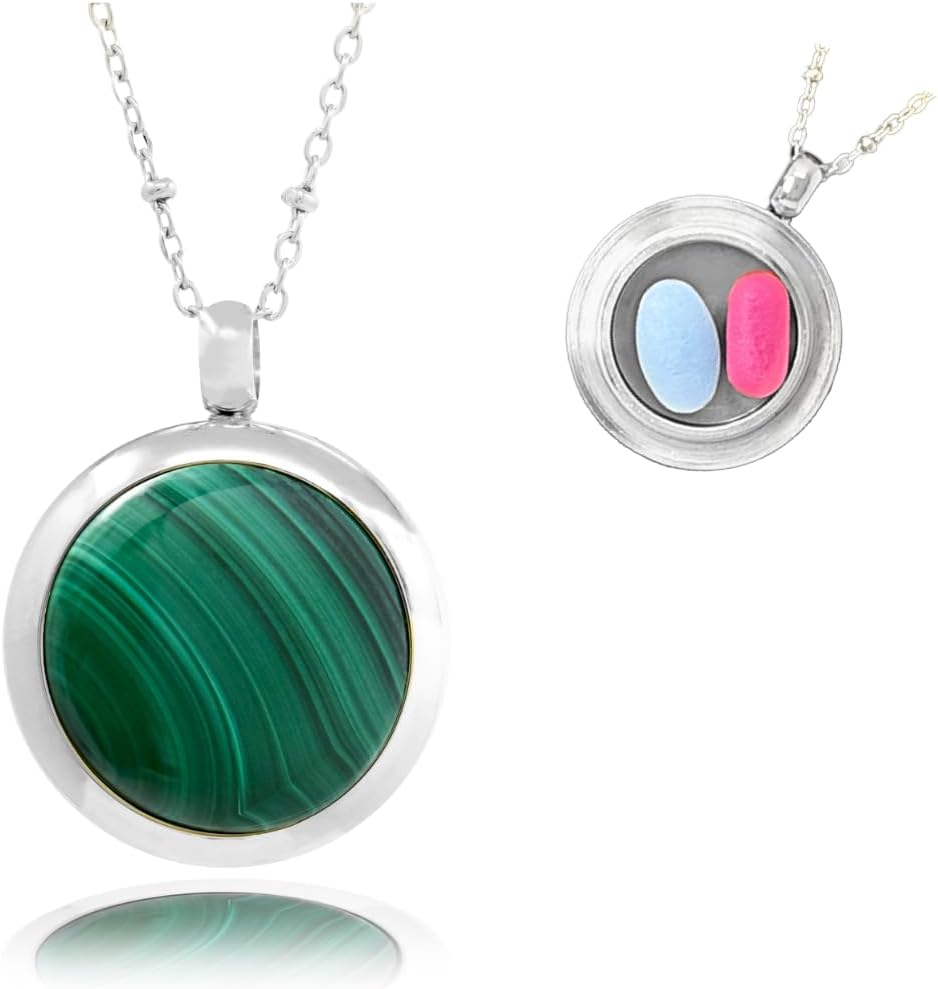 Round Silver with Malachite Pill Locket Necklace O-ring Seal - 25mm