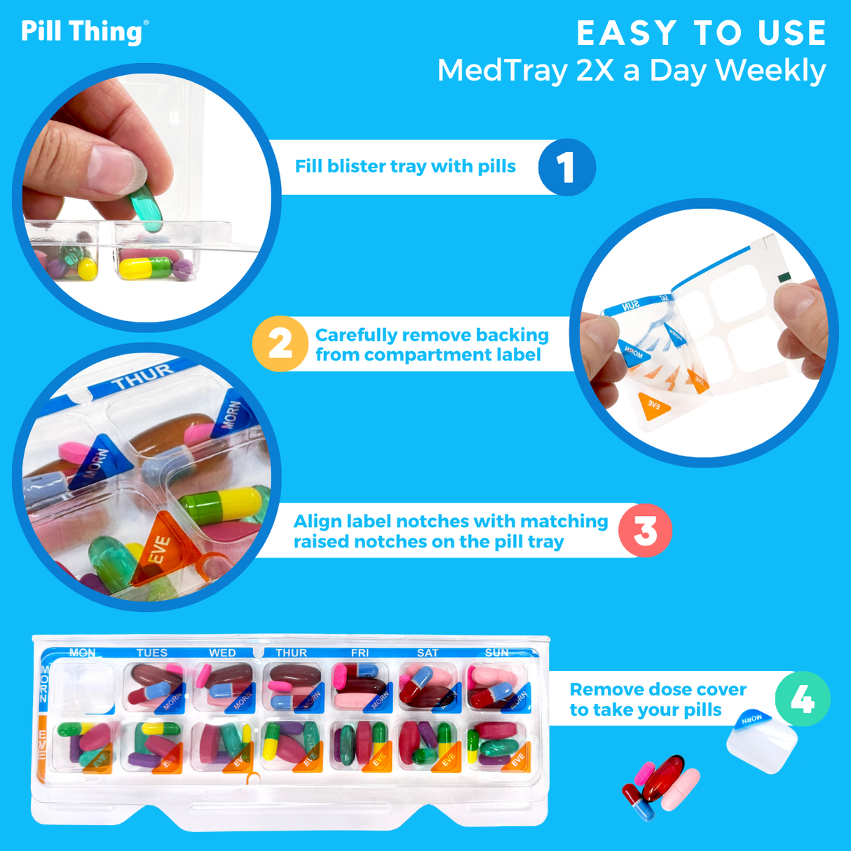 Weekly 2x/Day AM/PM Medication Tray – 7-Day Pill Organizer with Color-Coded Covers & Secure Lid (5 or 10 Pack)