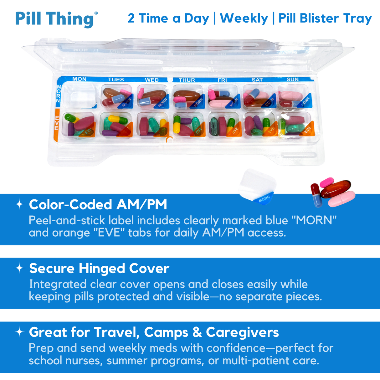 Weekly 2x/Day AM/PM Medication Tray – 7-Day Pill Organizer with Color-Coded Covers & Secure Lid (5 or 10 Pack)