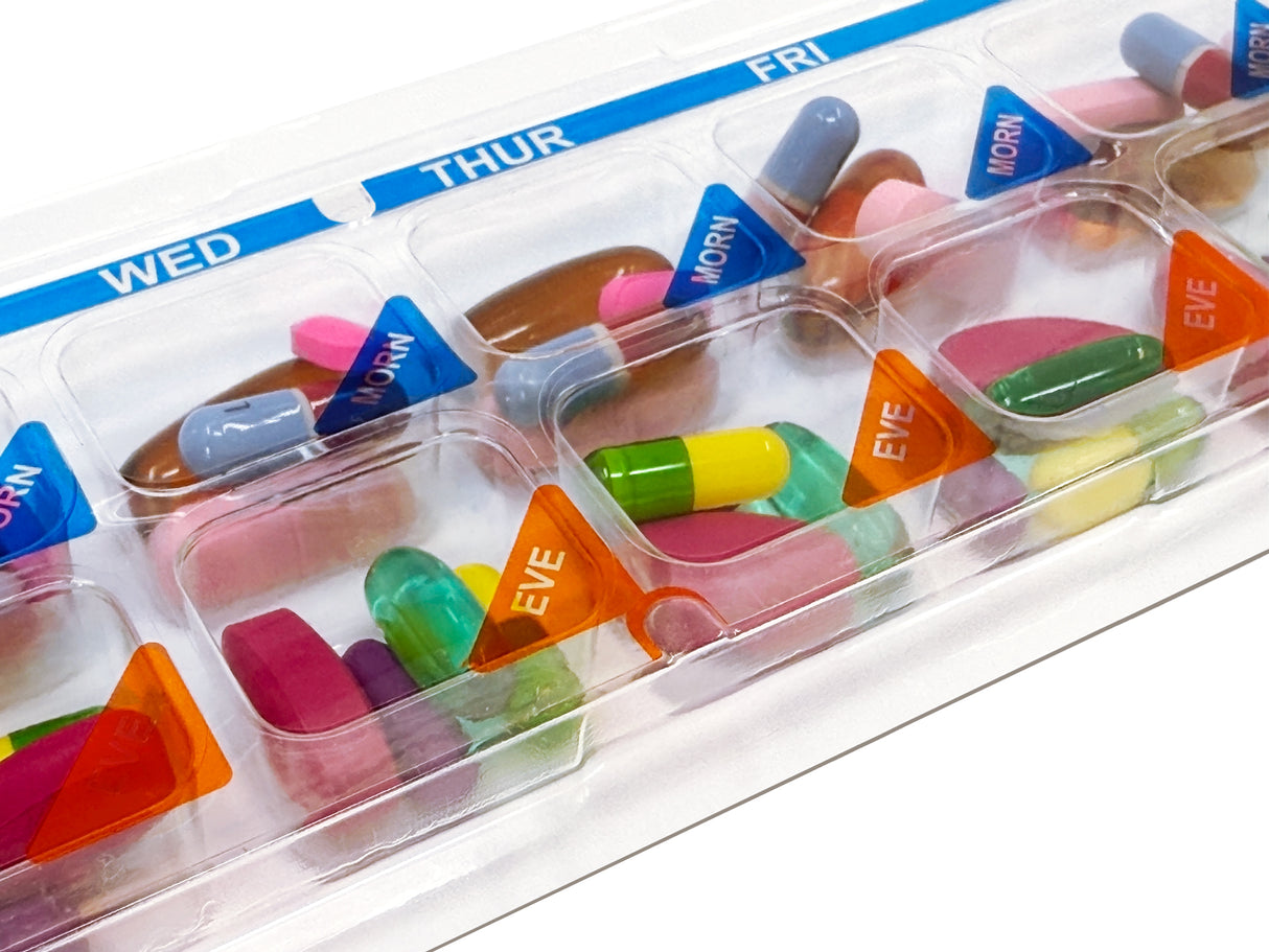 Weekly 2x/Day AM/PM Medication Tray – 7-Day Pill Organizer with Color-Coded Covers & Secure Lid (5 or 10 Pack)