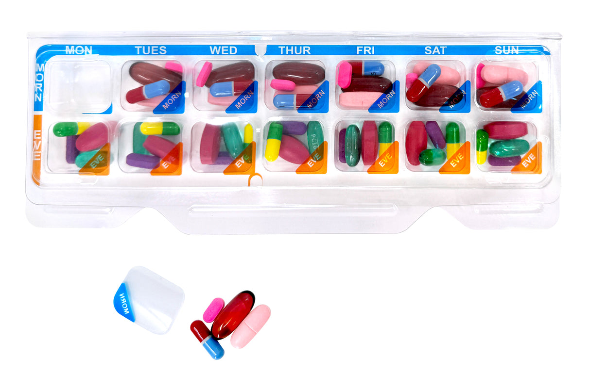 Weekly 2x/Day AM/PM Medication Tray – 7-Day Pill Organizer with Color-Coded Covers & Secure Lid (5 or 10 Pack)
