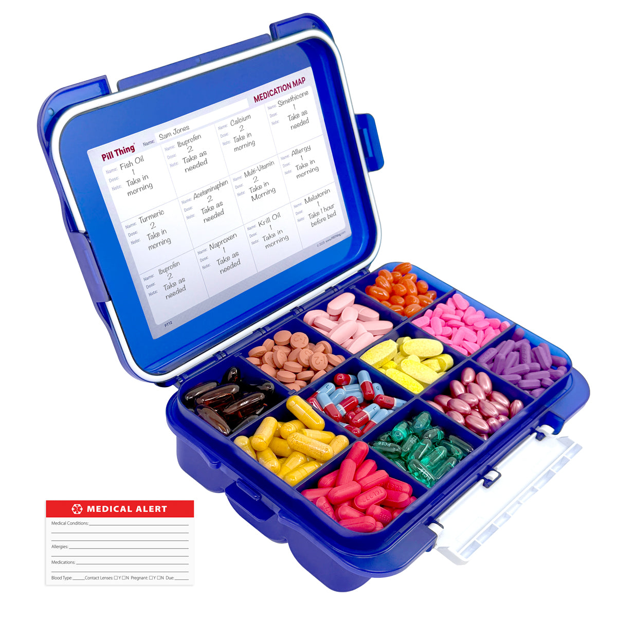 12 Compartment Large Cobalt Blue Pill Case with Airtight, Waterproof Seal, Medication Map Included