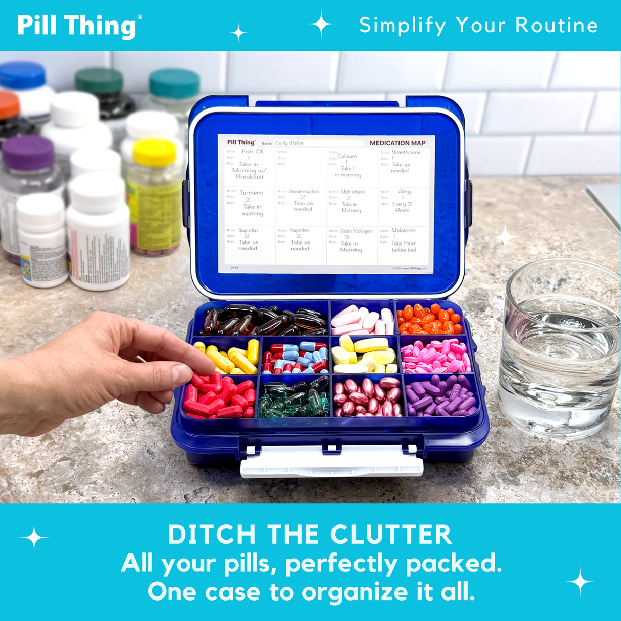 12 Compartment Large Cobalt Blue Pill Case with Airtight, Waterproof Seal, Medication Map Included