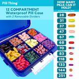 12 Compartment Large Cobalt Blue Pill Case with Airtight, Waterproof Seal, Medication Map Included