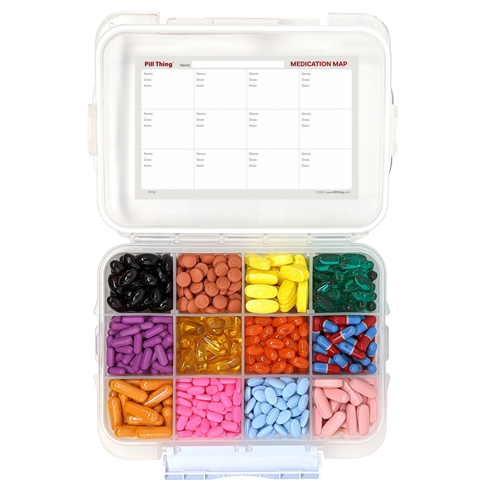 12 Compartment Large Pill Case with Airtight, Waterproof Seal, Medication Map Included (Multiple Colors)