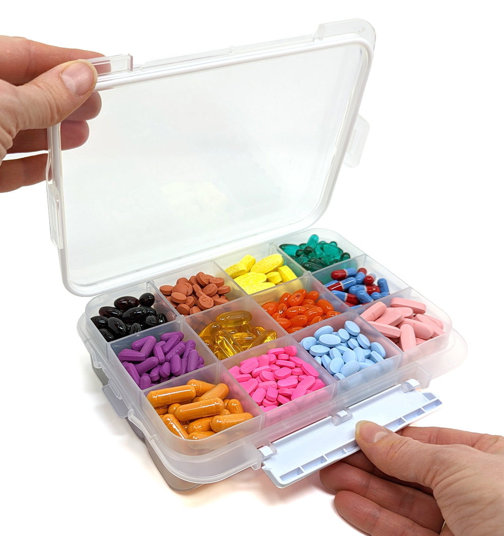 12 Compartment Large Pill Case with Airtight, Waterproof Seal, Medication Map Included (Multiple Colors)