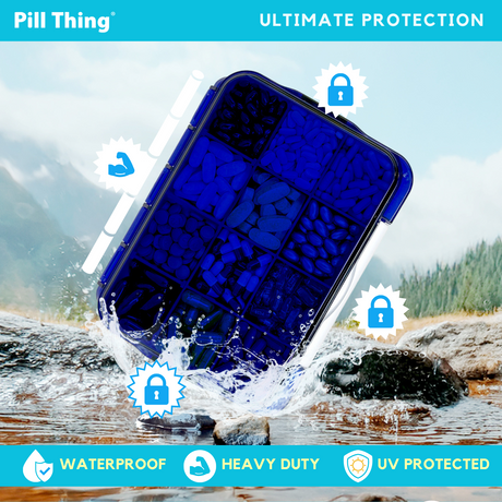 12 Compartment Large Cobalt Blue Pill Case with Airtight, Waterproof Seal, Medication Map Included