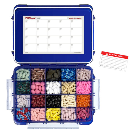 20 Compartment Cobalt Blue Large Pill Case with Airtight, Waterproof Seal, Medication Map & Medical Alert Card Included