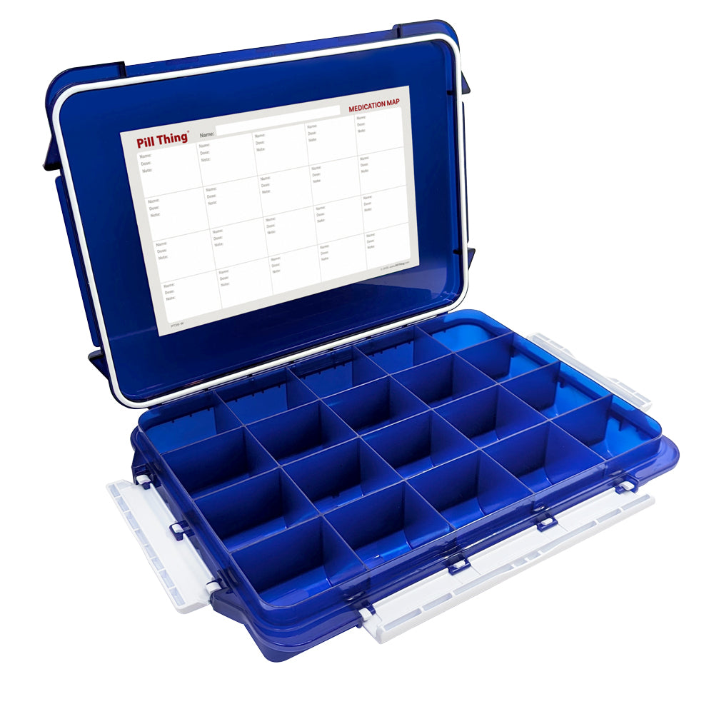 20 Compartment Cobalt Blue Large Pill Case with Airtight, Waterproof Seal, Medication Map & Medical Alert Card Included