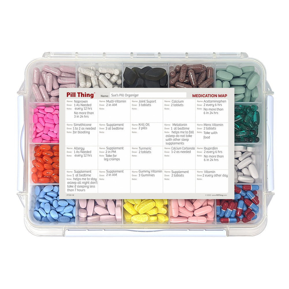 20 Compartment Large Pill Case with Airtight, Waterproof Seal, Medication Map Included