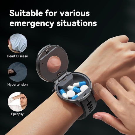 2-in-1 Smart Watch with Pill Storage Box for Emergency Medications, Vitamins, Fish Oil - Bluetooth, Waterproof, 120+ Sport Modes, Extended Battery Life (Gray)