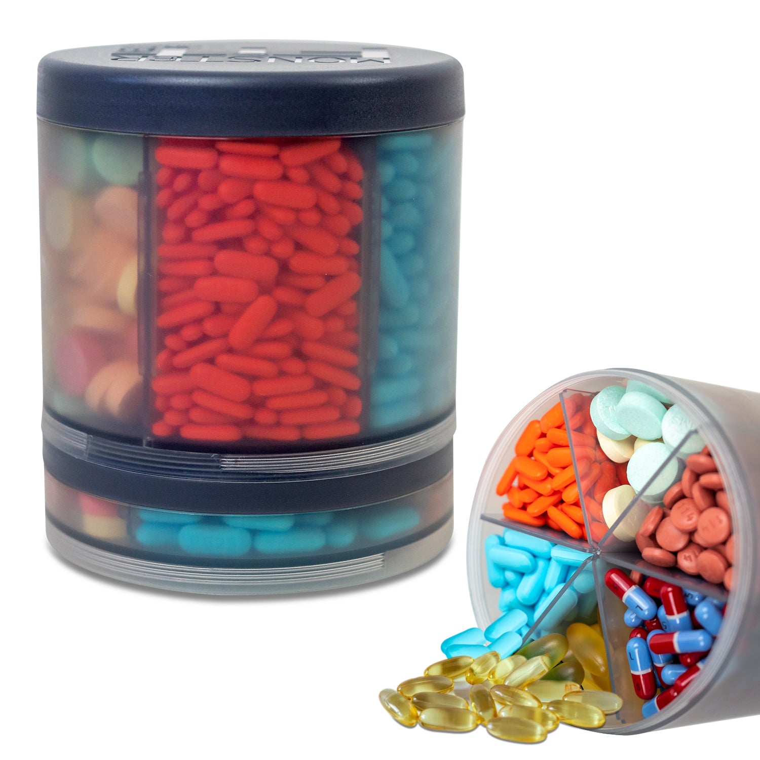Monster Supplement Medication Pill Dispenser with Compartment Labels - Extra Large Pill Container Handles Almost Any Supplement