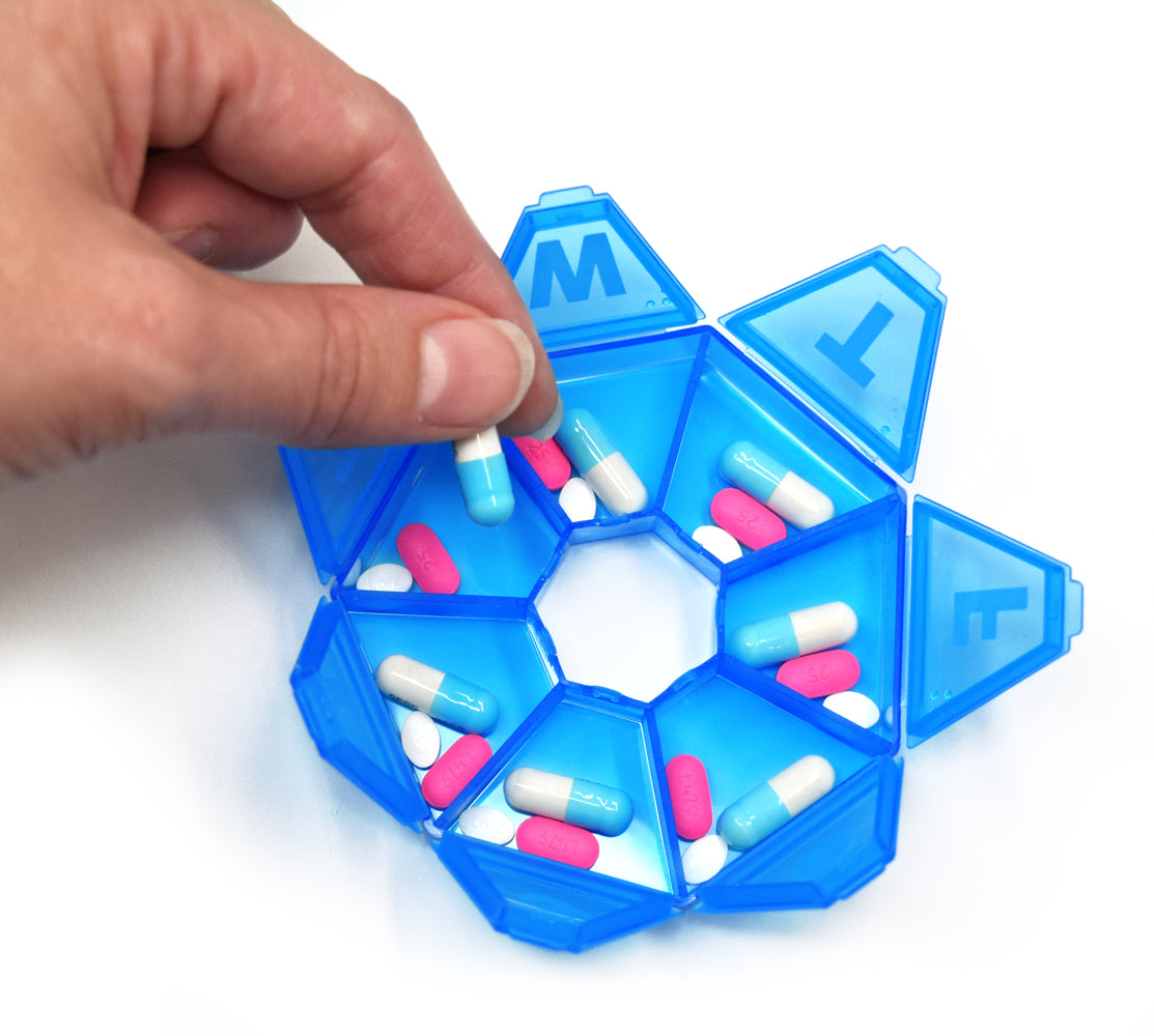 Seven-Sided Pill Organizer 3 Pack of Small,  Blue, Green & Purple with Bonus Medical Alert Card