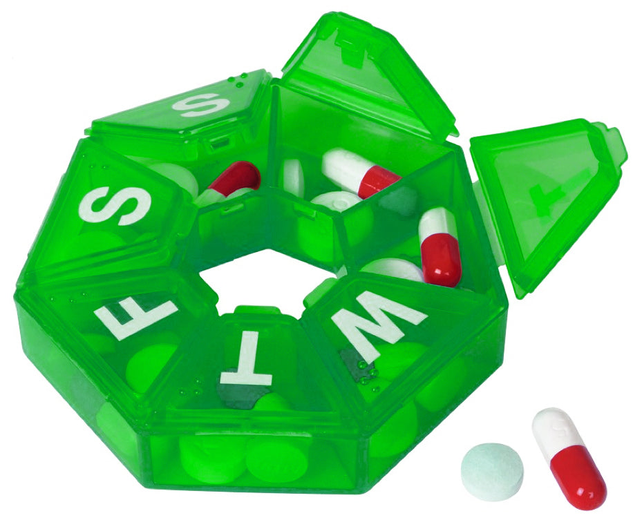 Seven-Sided Pill Organizer 3 Pack of Small,  Blue, Green & Purple with Bonus Medical Alert Card