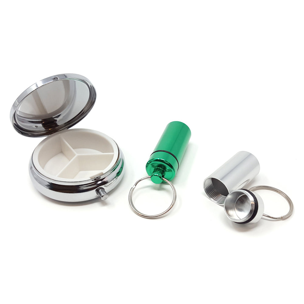 Round Silver 3-Compartment Pill Box with 2 Pill Box Key Rings