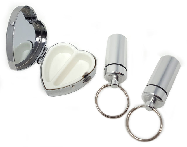 Heart-Shaped Silver 2-Compartment Pill Box with 2 Pill Box Key Rings - Item 505 Set SS