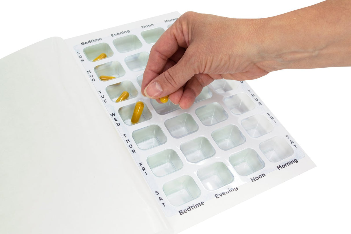 4 X a Day Weekly XL Cold Seal Pharmacy Blister Pack System Cards for Pills -Two Piece Card and Blister Tray Tri-Fold Booklet, Easy to Fill & Assemble