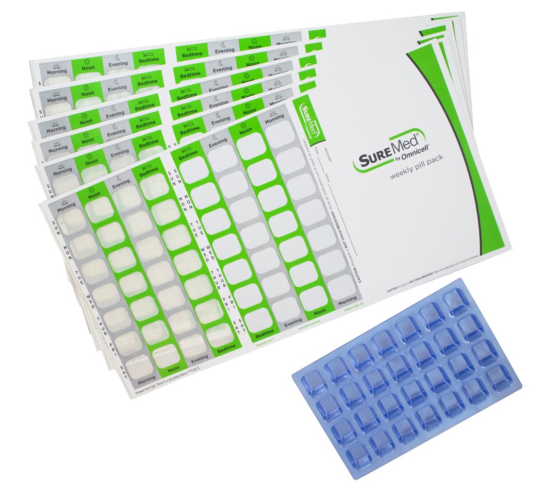 4 Times a Day Weekly XL Cold Seal Pharmacy Blister Pack System Cards for Pills -Two Piece Card and Blister Tray Tri-Fold Booklet, Easy to Assemble
