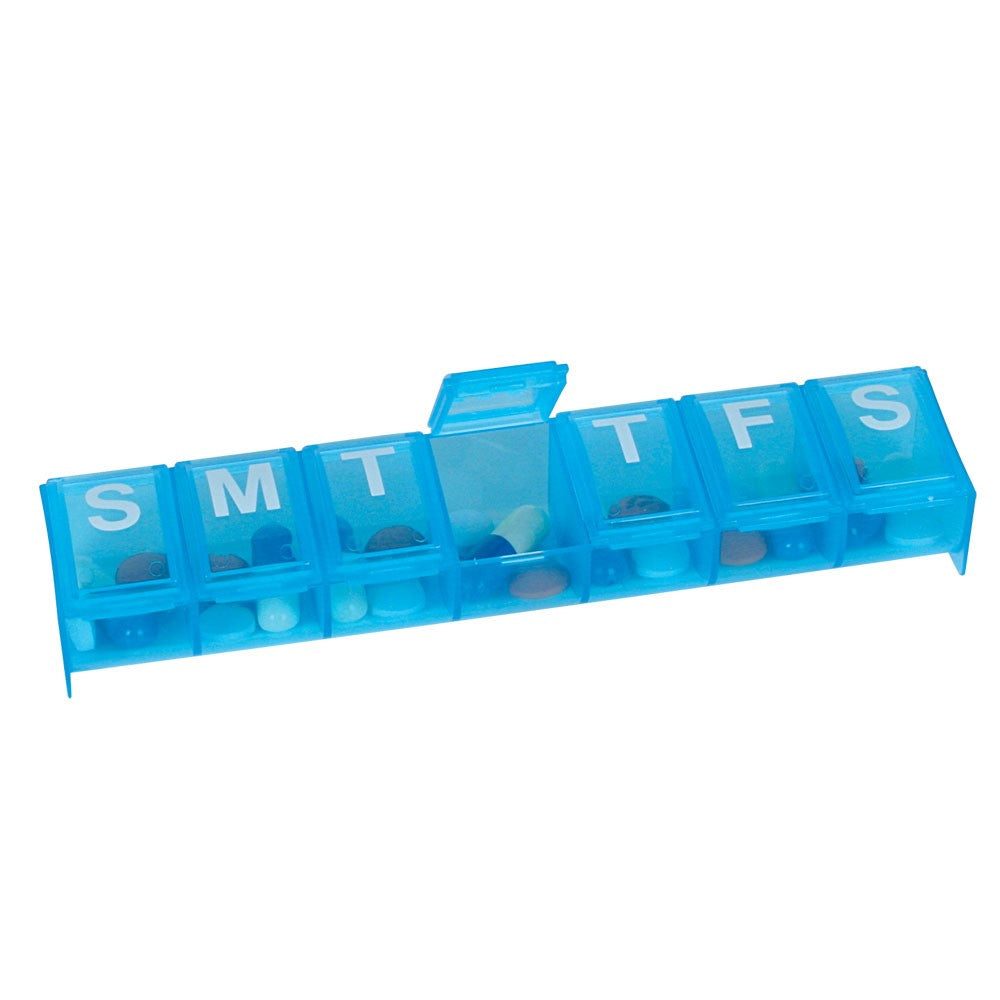 Weekly pill box organizer with contour bottom for easy pill removal and large openings. Great for elderly, big hands and seniors!