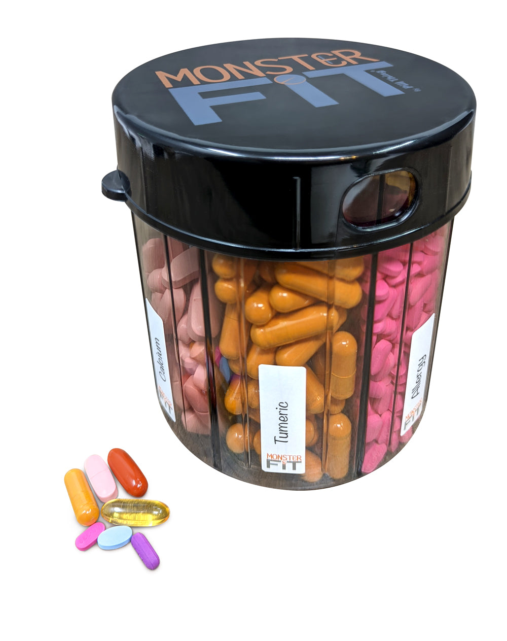 Monster Pill Dispenser with Compartment Labels