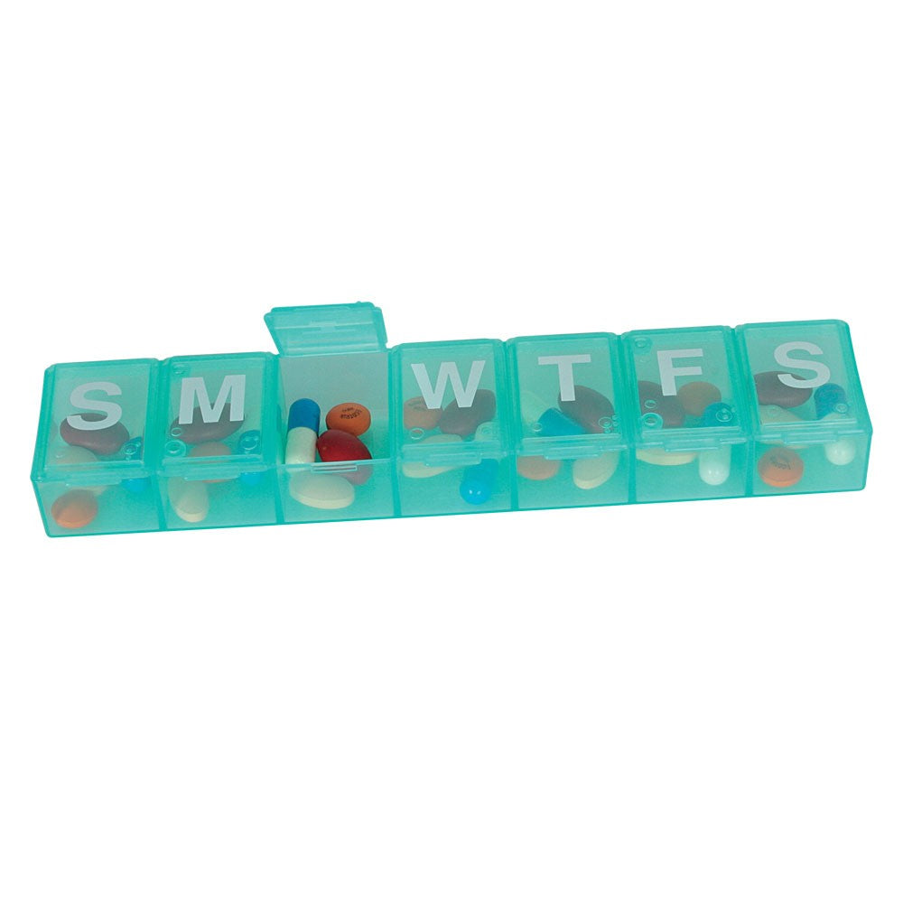 Extra large weekly pill box. Large openings for lots of pills, and makes it easy to dispense.