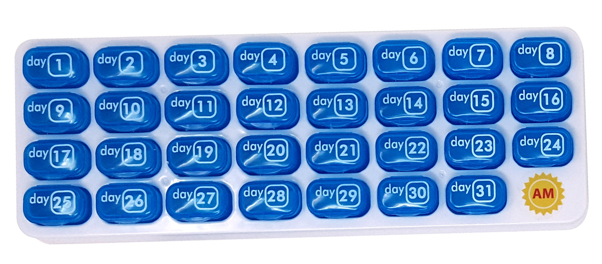 Daily AM PM pill organizers! 31 Daily pill boxes in a tray organize your pills for the entire month. Take one out and keep in your pocket or purse to take meds later.