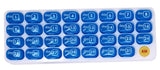 Daily AM PM pill organizers! 31 Daily pill boxes in a tray organize your pills for the entire month. Use Blue for morning pills and Grey for evening! Take one out and keep in your pocket or purse to take meds later.