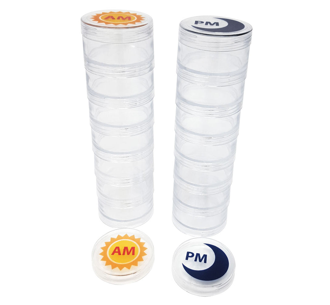 Clear stackable 7 day 2x a day round pill organizer! Round cases screw together come with daily labels!