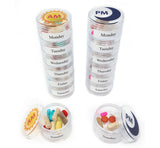 Clear stackable 7 day twice a day pill organizer! Round cases screw together come with jar labels!