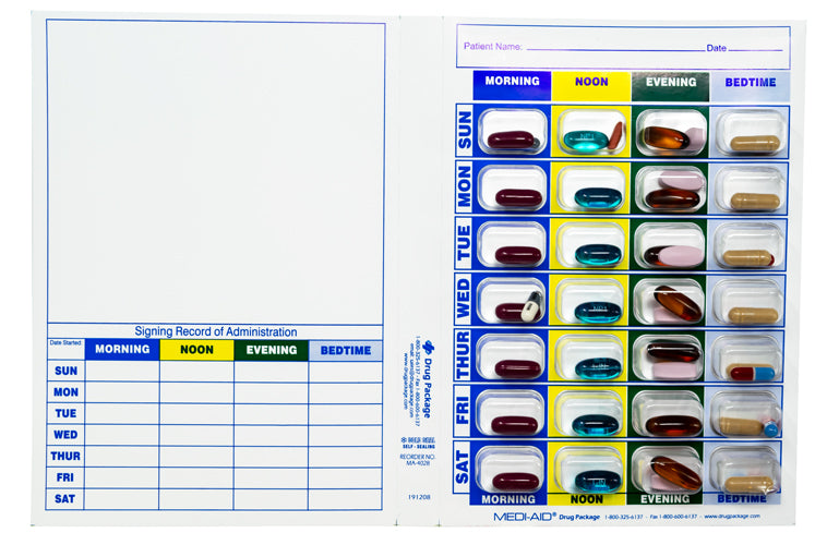 4 Times A Day Weekly XL Cold Seal Medication Blister Pack System Cards for Pills -One Piece Unit Dose Tri-Fold Booklet, Easy No Extra Equipment Needed