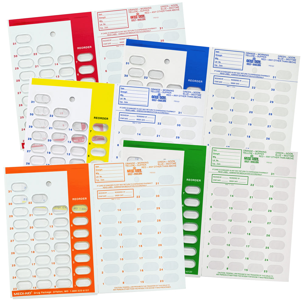 Monthly pharmacy pill medication blister cards. Easy and inexpensive way to organize prescriptions for the elderly, disabled, seniors or your family.