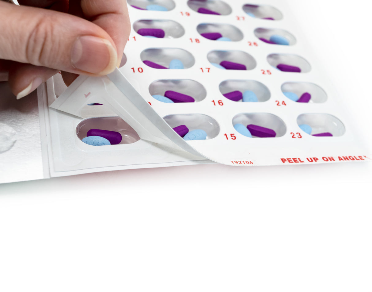 Monthly pharmacy pill medication blister cards. Easy way to organize prescriptions for elderly, disabled, seniors & family.