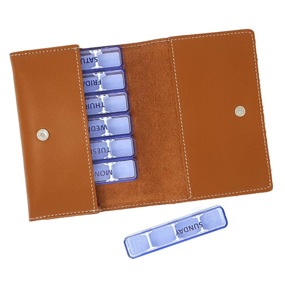 Weekly Pill Organizer Travel Pill Box With Leather Zip Case Strap