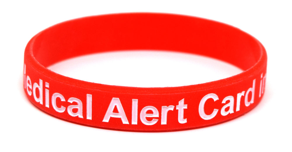 Medical alert card in wallet - red silicone bracelet - great gift idea for elderly parent