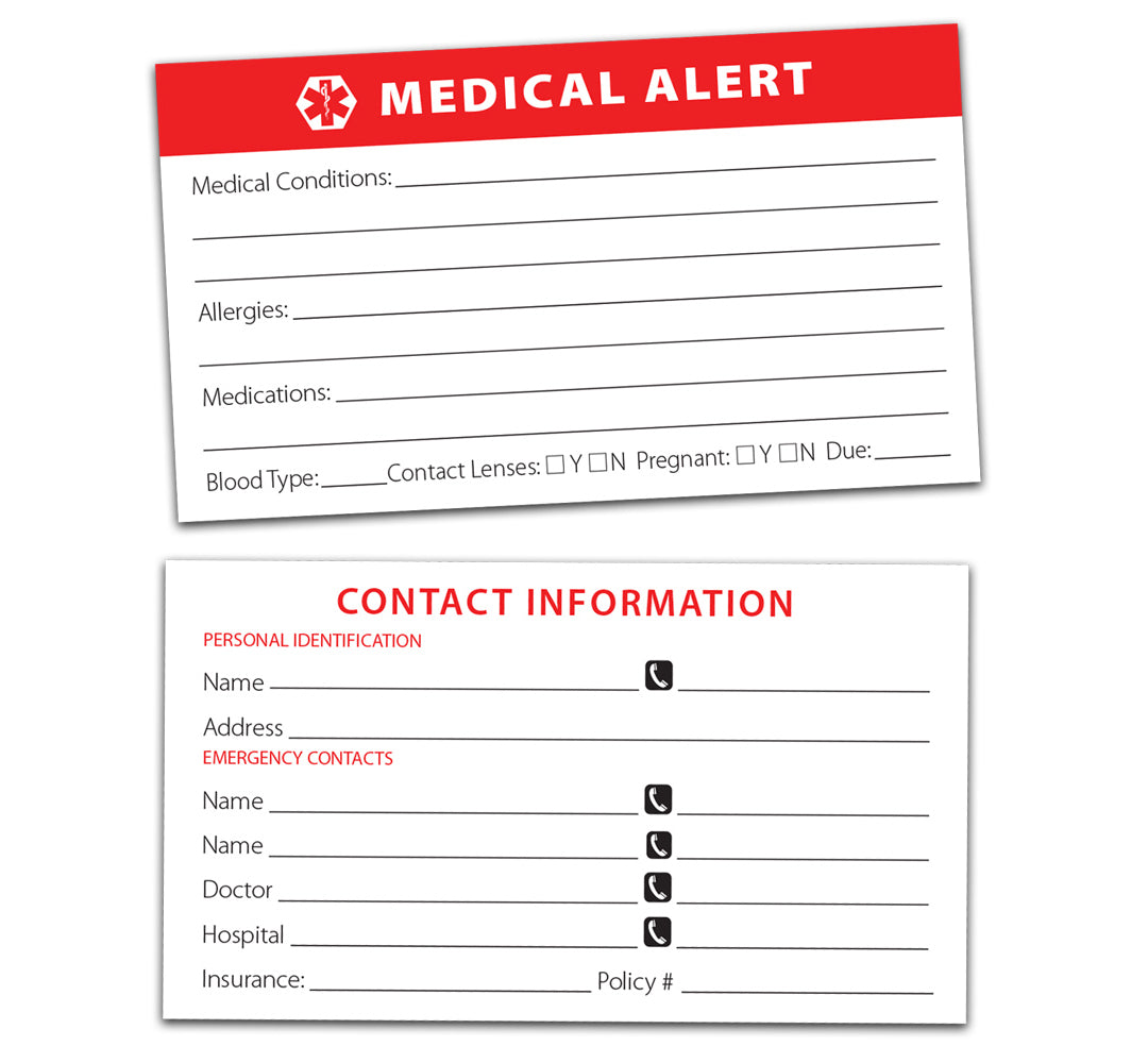 Medical alert card in wallet - red silicone bracelet - jewelry