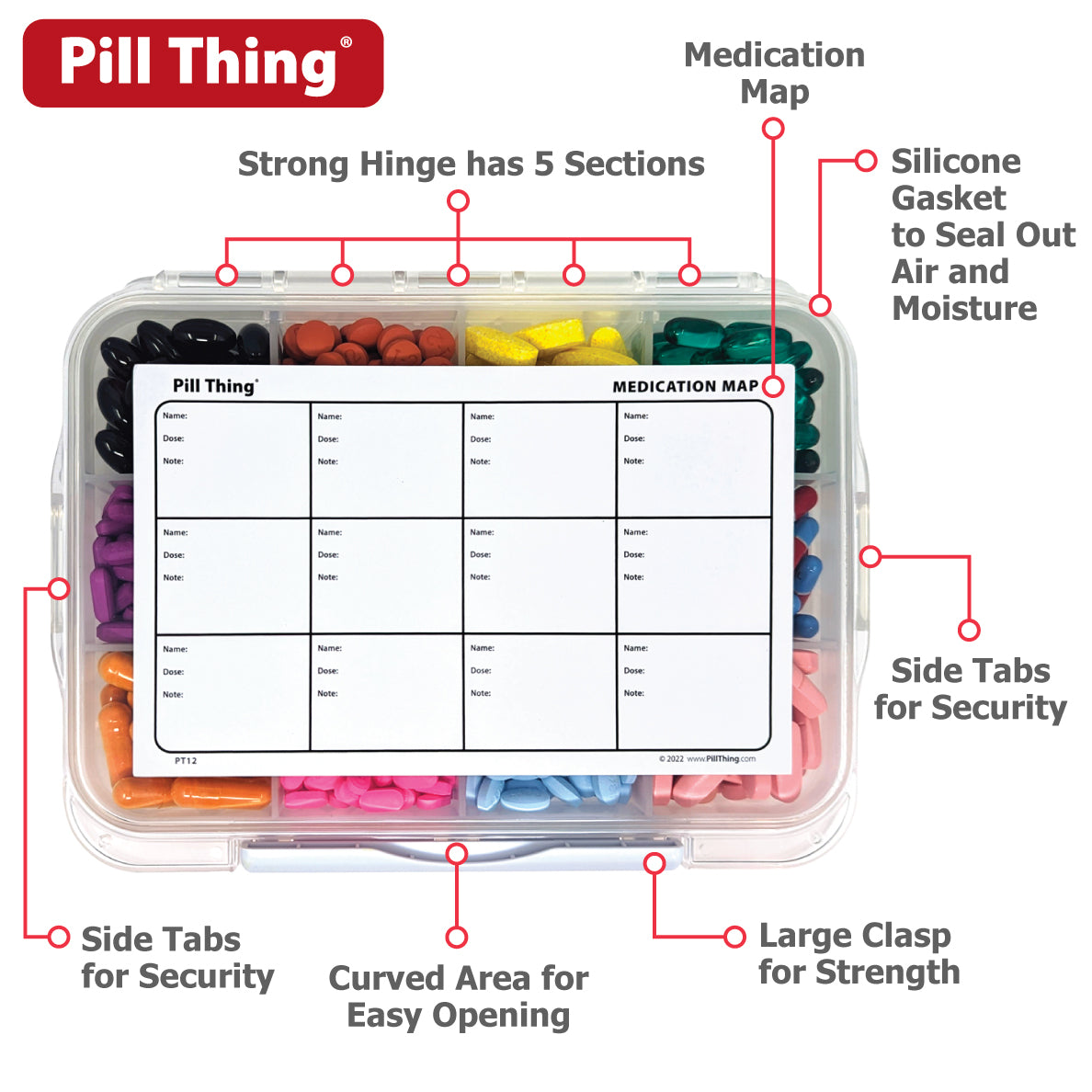 12 Compartment Large Pill Case with Airtight, Waterproof Seal, Medication Map Included