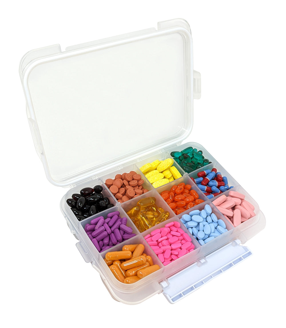 12 Compartment Large Pill Case with Airtight, Waterproof Seal, Medication Map Included