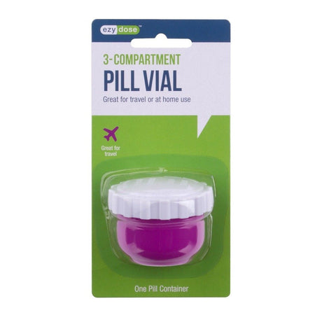 3 Divided Compartments in our Travel Pill Organizer - Daily pill box is secure and fits in your purse! Item # 100P, 100G, 100B & 100 3PK